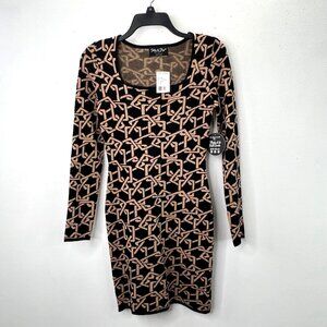 Discovery Jolie & Joy Sweater Dress L Black Tan Chain Link Pattern Bodycon NWT